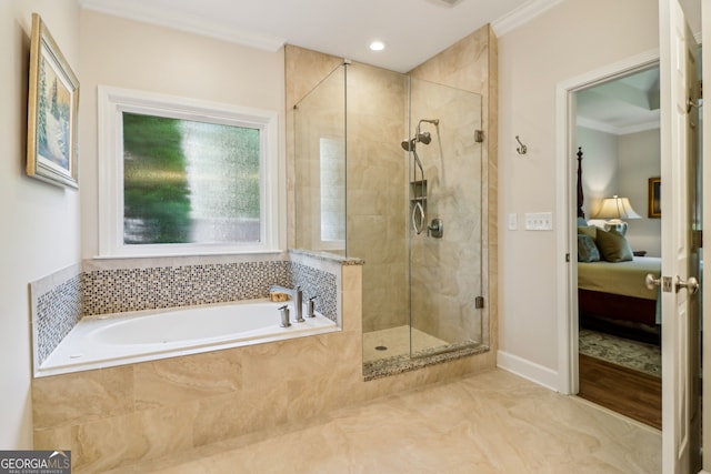 12645 Morningpark Cir, Alpharetta, GA 30004 - ensuite bathroom featuring a garden tub, ornamental molding, a stall shower, and recessed lighting