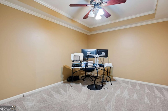206 Kingsley Way, Woodstock, GA 30188 - office space featuring carpet, crown molding, baseboards, a ceiling fan, and a raised ceiling
