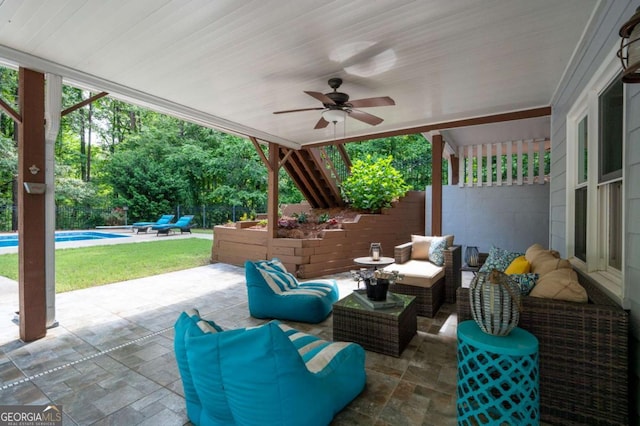206 Kingsley Way, Woodstock, GA 30188 - fenced backyard with a ceiling fan, outdoor lounge area, and a patio area