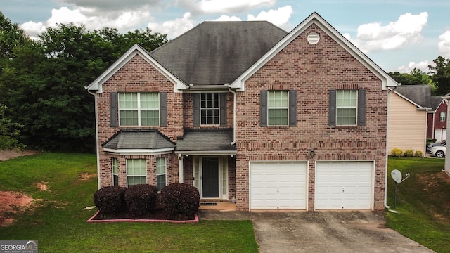 4676 Shaded Oak Ln, Forest Park, GA 30297 - traditional home featuring driveway, an attached garage, a front yard, brick siding, and roof with shingles