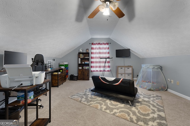 1195 New Hope Rd, Locust Grove, GA 30248 - carpeted home office featuring vaulted ceiling, a ceiling fan, a textured ceiling, and baseboards