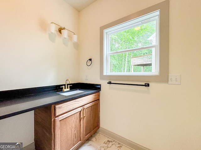 169 View St, Clarkesville, GA 30523 - bathroom featuring marble finish floors, vanity, and baseboards