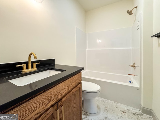 169 View St, Clarkesville, GA 30523 - bathroom with toilet, vanity, bathing tub / shower combination, and marble look tiles