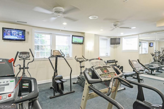 800 Peachtree St NE Unit 1014, Atlanta, GA 30308 - workout area featuring a ceiling fan, recessed lighting, plenty of natural light, and carpet flooring