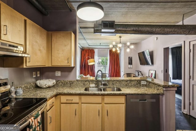 800 Peachtree St NE Unit 1014, Atlanta, GA 30308 - kitchen featuring stainless steel appliances, under cabinet range hood, light brown cabinetry, a peninsula, and light stone counters