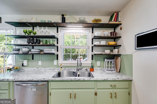 2575 Dobbs Dr NW, Kennesaw, GA 30152 - kitchen featuring open shelves, stainless steel dishwasher, a sink, and green cabinets