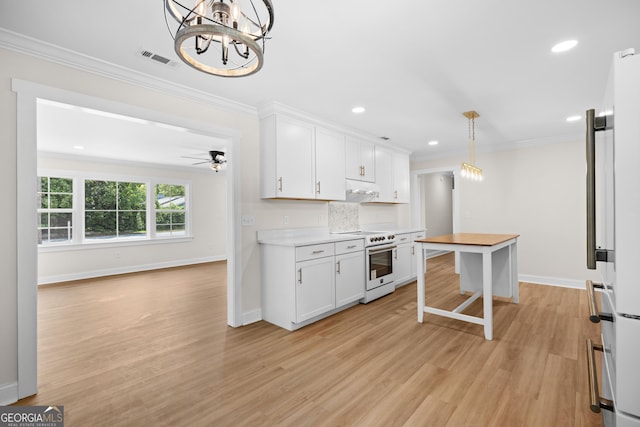 1905 Azalea, Valdosta, GA 31602 - kitchen with white electric range oven, light wood finished floors, white cabinetry, light countertops, and ornamental molding