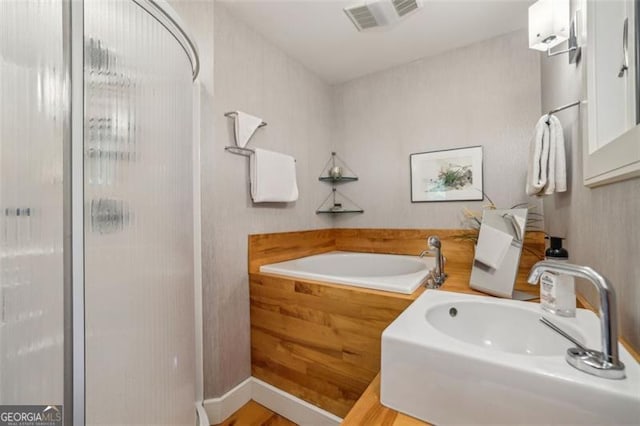 6550 Bluewaters Dr, Flowery Branch, GA 30542 - bathroom with a sink, a shower stall, and a garden tub