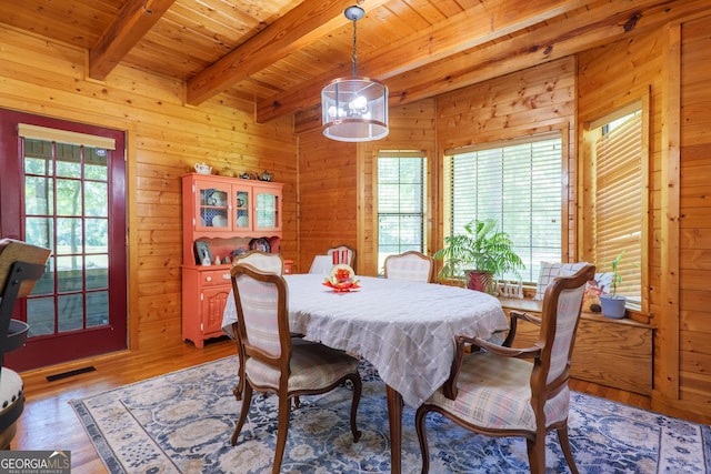 3382 Antioch Greggs Rd, Adel, GA 31620 - dining space with plenty of natural light, wood ceiling with exposed beams, light wood-style floors, and wooden walls