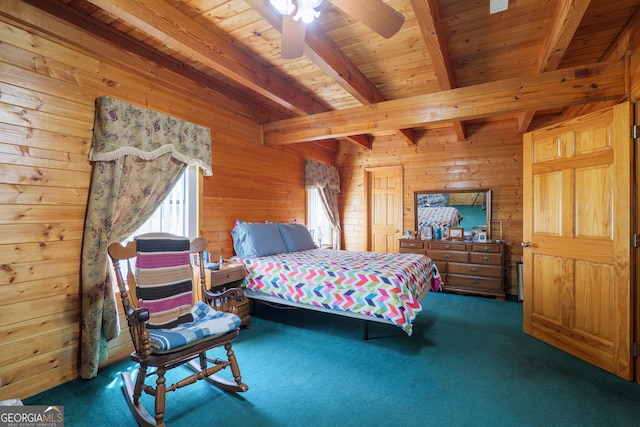 3382 Antioch Greggs Rd, Adel, GA 31620 - bedroom with wooden walls, dark carpet, wooden ceiling with exposed beams, and a ceiling fan