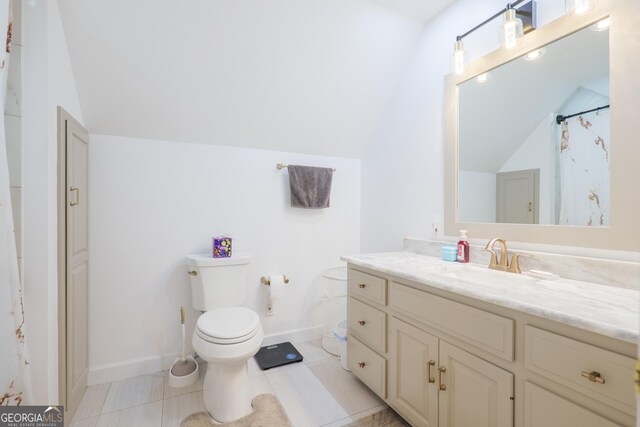 3382 Antioch Greggs Rd, Adel, GA 31620 - bathroom featuring vaulted ceiling, toilet, vanity, baseboards, and curtained shower