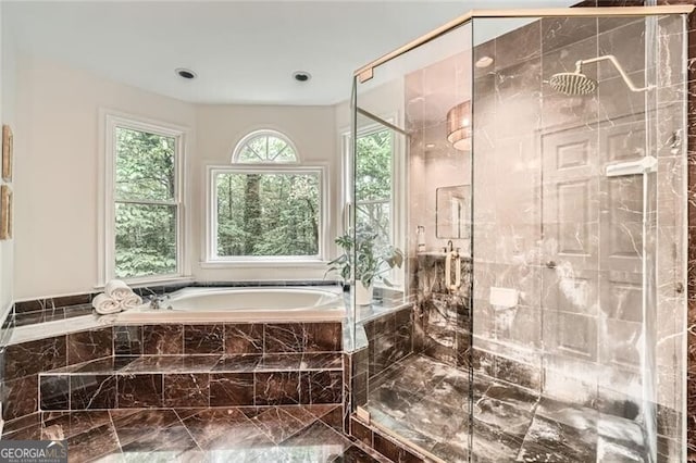 5940 Plantation Dr, Roswell, GA 30075 - full bathroom with marble tiled floors, a bath, a stall shower, and recessed lighting