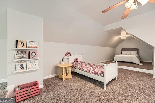 5940 Plantation Dr, Roswell, GA 30075 - carpeted bedroom featuring vaulted ceiling, ceiling fan, and baseboards