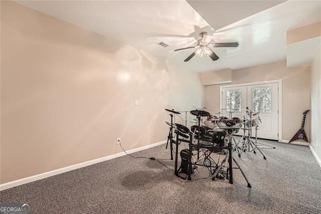 5940 Plantation Dr, Roswell, GA 30075 - dining room featuring carpet floors, ceiling fan, french doors, and baseboards