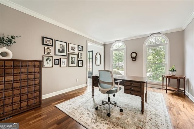 5940 Plantation Dr, Roswell, GA 30075 - office area with wood finished floors, crown molding, and baseboards