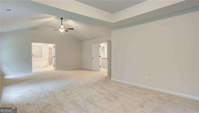 165 Cooper Cv E, Fayetteville, GA 30215 - unfurnished room with a ceiling fan, light carpet, baseboards, ornamental molding, and vaulted ceiling