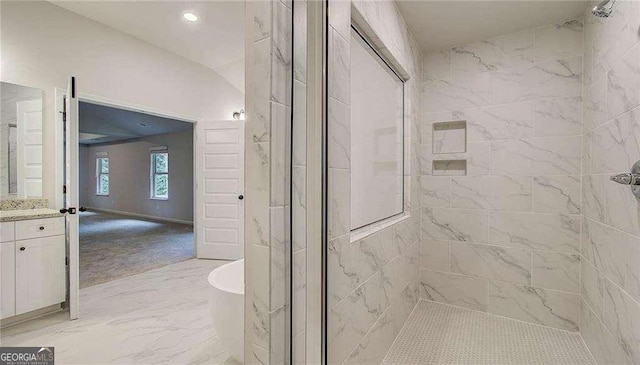 165 Cooper Cv E, Fayetteville, GA 30215 - full bathroom with a freestanding bath, vanity, a tile shower, marble finish flooring, and recessed lighting