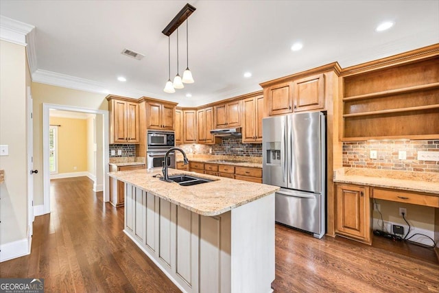 737 Raleigh Cobb Rd, Hawkinsville, GA 31036 - kitchen with appliances with stainless steel finishes, a sink, ornamental molding, tasteful backsplash, and open shelves