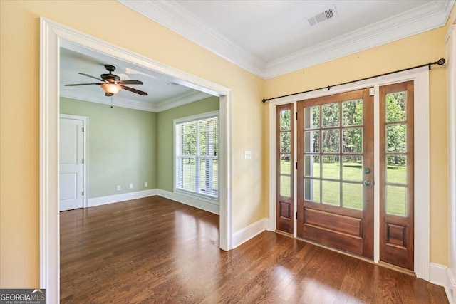 737 Raleigh Cobb Rd, Hawkinsville, GA 31036 - entryway featuring dark wood finished floors, ornamental molding, baseboards, french doors, and ceiling fan