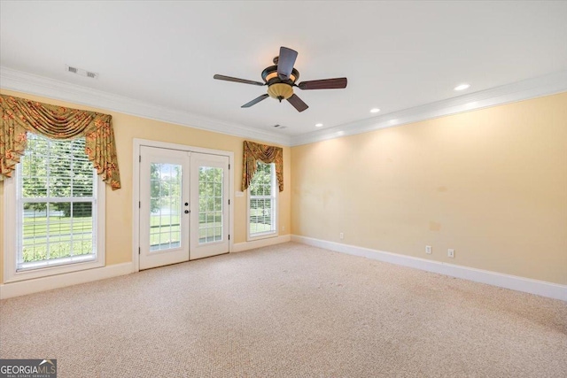 737 Raleigh Cobb Rd, Hawkinsville, GA 31036 - unfurnished room with ornamental molding, french doors, carpet, baseboards, and recessed lighting