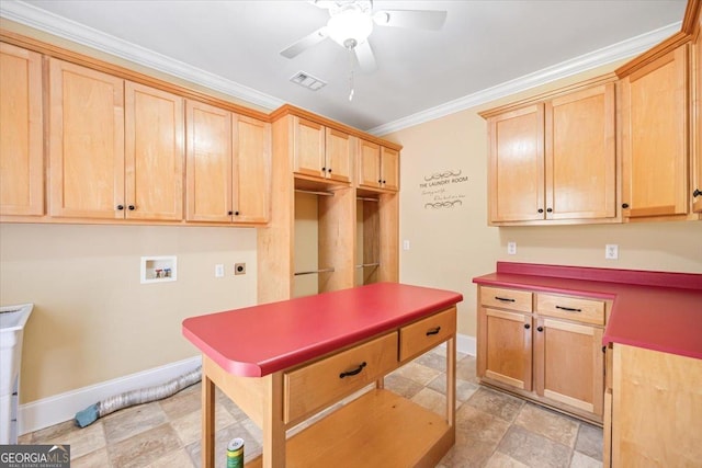 737 Raleigh Cobb Rd, Hawkinsville, GA 31036 - kitchen with a ceiling fan, crown molding, baseboards, and light brown cabinets