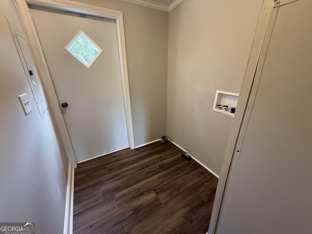 12103 US Highway 80 E, Brooklet, GA 30415 - laundry room with hookup for a washing machine, dark wood-style floors, and crown molding