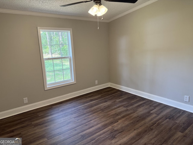 12103 US Highway 80 E, Brooklet, GA 30415 - empty room with dark wood-type flooring, ceiling fan, baseboards, a textured ceiling, and crown molding