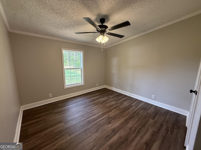 12103 US Highway 80 E, Brooklet, GA 30415 - unfurnished room with a textured ceiling, dark wood-style flooring, a ceiling fan, baseboards, and ornamental molding