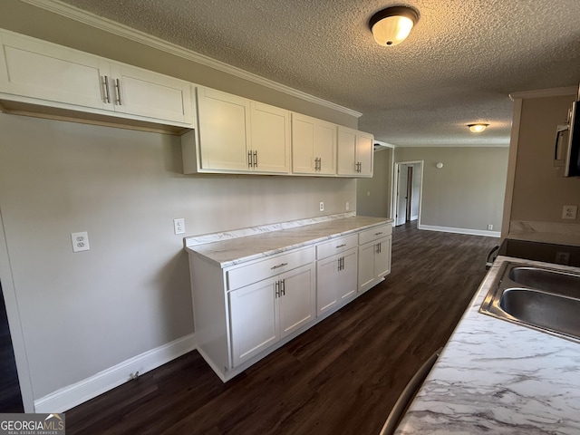 12103 US Highway 80 E, Brooklet, GA 30415 - kitchen featuring a textured ceiling, baseboards, dark wood-style floors, white cabinetry, and ornamental molding