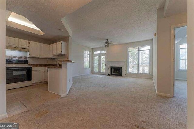 1015 Mcgill Park Ave NE, Atlanta, GA 30312 - kitchen featuring electric range oven, ceiling fan, under cabinet range hood, a textured ceiling, and baseboards