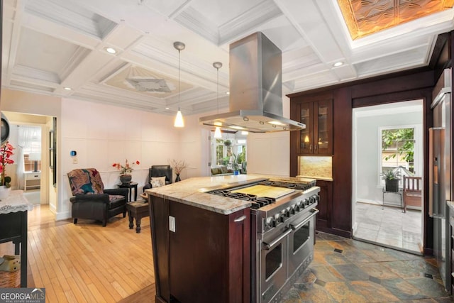 228 Clarion Ave, Decatur, GA 30030 - kitchen with island exhaust hood, coffered ceiling, double oven range, healthy amount of natural light, and glass insert cabinets