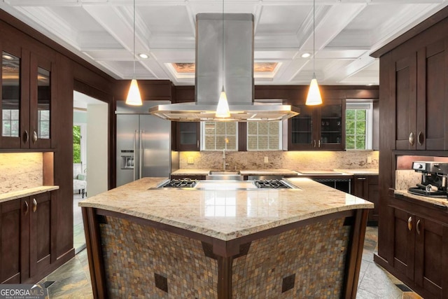 228 Clarion Ave, Decatur, GA 30030 - kitchen with island range hood, appliances with stainless steel finishes, dark brown cabinetry, coffered ceiling, and a center island