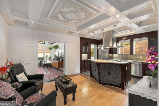 228 Clarion Ave, Decatur, GA 30030 - living area featuring a decorative wall, coffered ceiling, light wood-type flooring, beamed ceiling, and crown molding