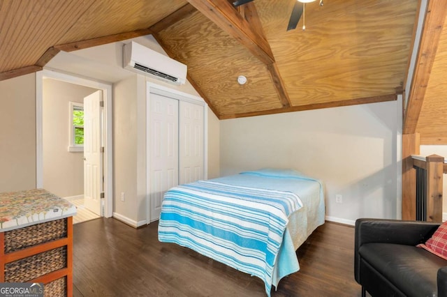 228 Clarion Ave, Decatur, GA 30030 - bedroom featuring dark wood-style floors, a wall unit AC, lofted ceiling, baseboards, and wood ceiling
