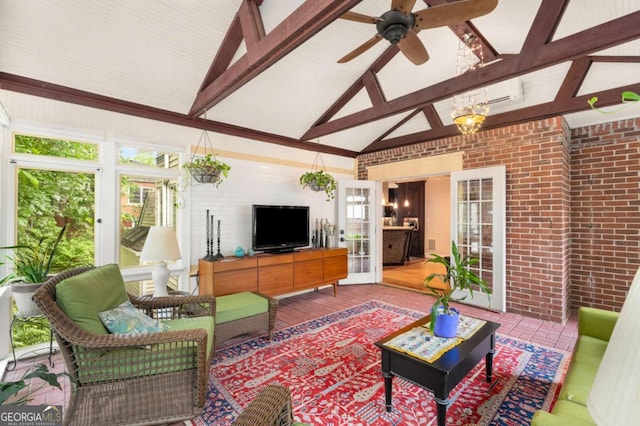 228 Clarion Ave, Decatur, GA 30030 - living area with french doors, beam ceiling, a ceiling fan, and high vaulted ceiling