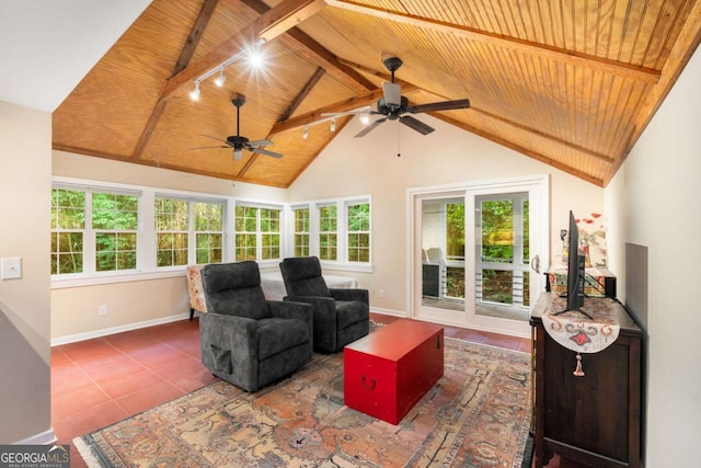 228 Clarion Ave, Decatur, GA 30030 - tiled living room featuring wood ceiling, rail lighting, a ceiling fan, and baseboards