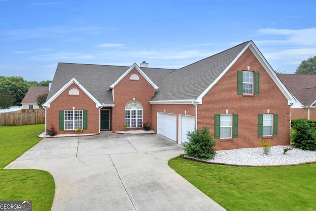 502 Stoneland Pl, Lawrenceville, GA 30046 - traditional home featuring brick siding, concrete driveway, a garage, and a chimney