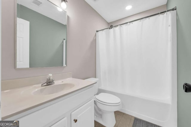 502 Stoneland Pl, Lawrenceville, GA 30046 - bathroom with vanity, toilet, tile patterned floors, shower / tub combo with curtain, and recessed lighting