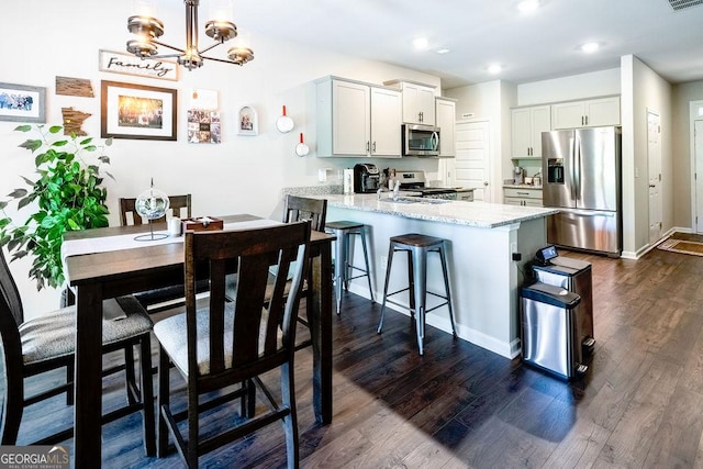 174 Silver Birch Pass, Newnan, GA 30265 - kitchen with stainless steel appliances, a peninsula, dark wood finished floors, a breakfast bar, and recessed lighting