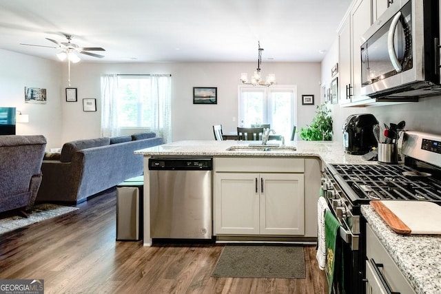 174 Silver Birch Pass, Newnan, GA 30265 - kitchen featuring appliances with stainless steel finishes, a peninsula, open floor plan, a sink, and dark wood-style floors