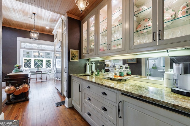 381 Cherokee Ave SE, Atlanta, GA 30312 - bar area with dark wood-type flooring, wooden ceiling, pendant lighting, a chandelier, and high quality fridge