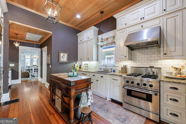 381 Cherokee Ave SE, Atlanta, GA 30312 - kitchen with stainless steel stove, ventilation hood, a chandelier, wood ceiling, and crown molding