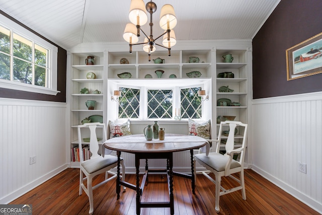 381 Cherokee Ave SE, Atlanta, GA 30312 - dining room with dark wood-type flooring, a chandelier, and a wainscoted wall