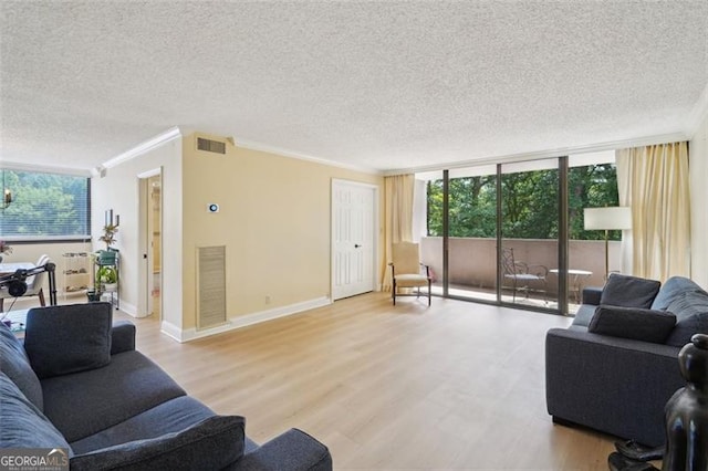 3530 Piedmont Rd NE Unit 2I, Atlanta, GA 30305 - living area featuring a textured ceiling, light wood-style floors, crown molding, plenty of natural light, and floor to ceiling windows