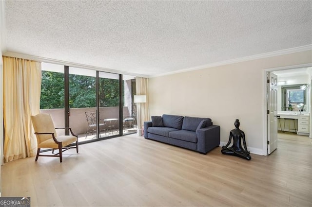 3530 Piedmont Rd NE Unit 2I, Atlanta, GA 30305 - living area with a textured ceiling, wood finished floors, expansive windows, and ornamental molding