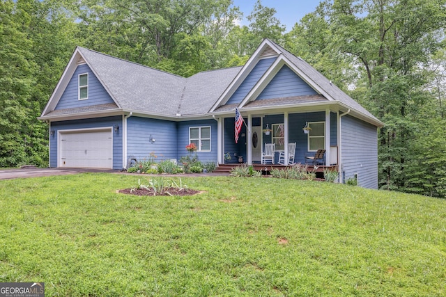 405 Dugas Rd, Dahlonega, GA 30533 - view of front facade with covered porch, asphalt driveway, a front yard, and a shingled roof