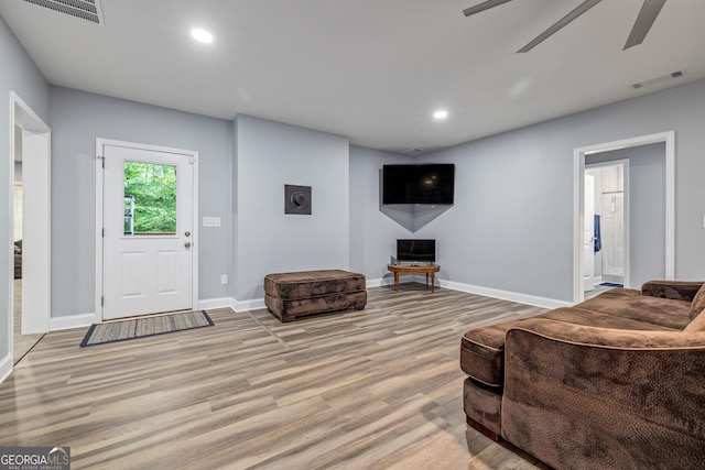 405 Dugas Rd, Dahlonega, GA 30533 - living room with light wood-style floors, baseboards, ceiling fan, and recessed lighting