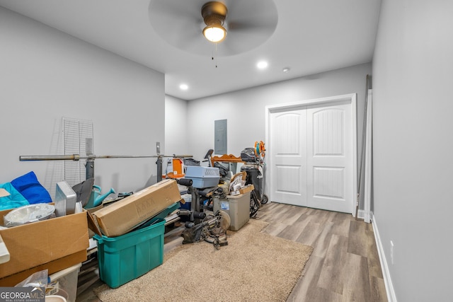 405 Dugas Rd, Dahlonega, GA 30533 - miscellaneous room with electric panel, wood finished floors, a ceiling fan, and recessed lighting