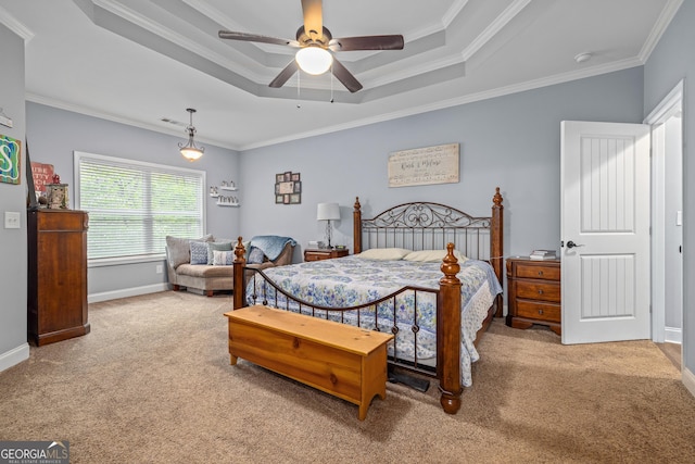 405 Dugas Rd, Dahlonega, GA 30533 - carpeted bedroom with a tray ceiling, ornamental molding, baseboards, and a ceiling fan