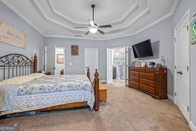 405 Dugas Rd, Dahlonega, GA 30533 - bedroom with a raised ceiling, light colored carpet, crown molding, a ceiling fan, and baseboards